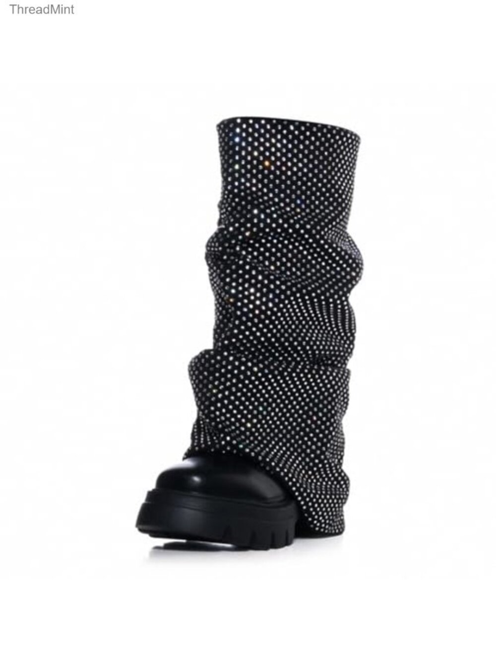 Women's Slouchy Fold Over Platform Combat Boots Rhinestone High Heel